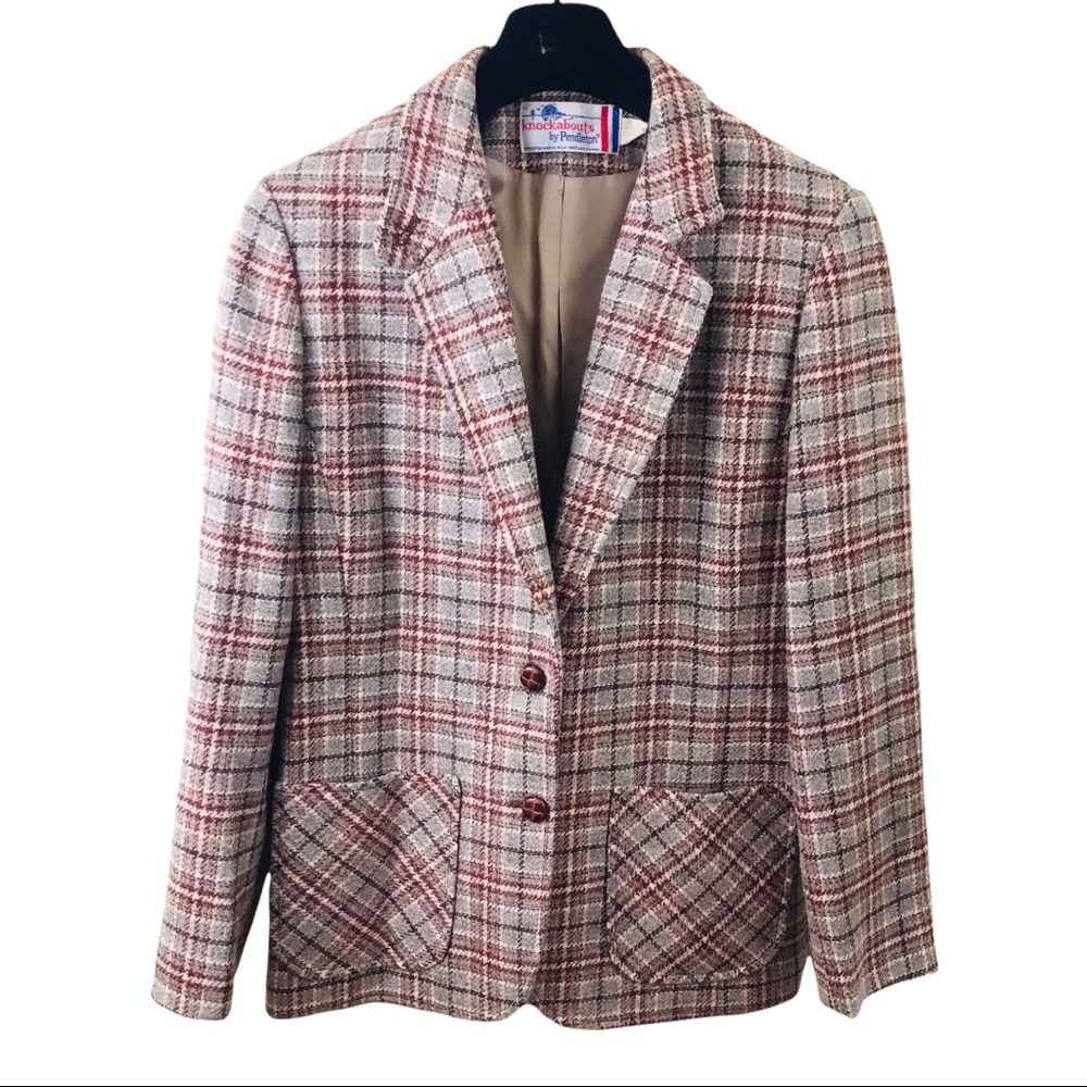 Pendleton Brown Virgin Wool Tweed Blazer 12 Single Breast Jacket Tartan Plaid